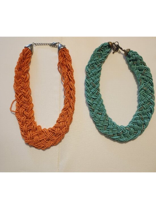 Unbranded Jewelry - Lot of 2 Bold Statement Necklaces Braided Beads Orange Turquoise